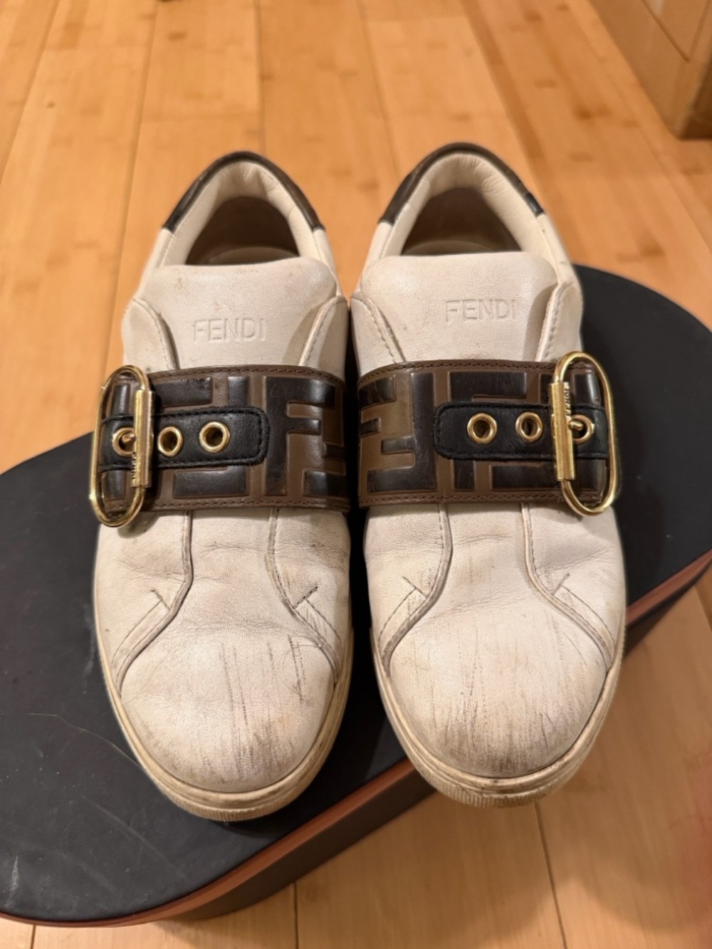 Fendi White Leather Slip-On Sneakers with Brown Accent